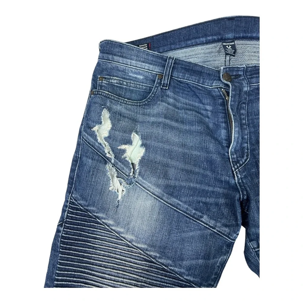 True Religion Geno Relaxed Slim Moto Mens Blue Denim Shorts Size 36 Distressed